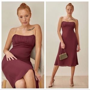 REFORMATION The Gray Burgundy Jewel Rhinestone Strap Midi Dress Size 6 NWT